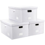 PRANDOM Collapsible Storage Box with Lid [3-Pack] Leather Fabric Foldable Storage Bin Organizer Container Basket Cube with Cover for Home Bedroom Closet Office Nursery White(22.8X15.7X11.8)