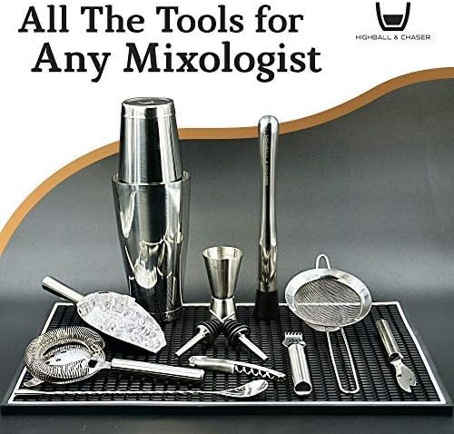 Highball & Chaser 13-Piece Boston Cocktail Shaker Set Stainless Steel Mixology Bartender Kit With Stand For Home Bar Cocktail Set | Laser Engraved Cocktail Tools | Plus E-Book with 30 Cocktail Recipes