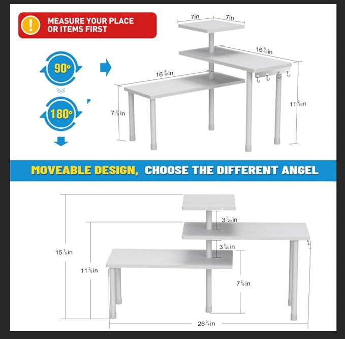 JayRex Bathroom Organizer Countertop Corner Shelf, 3 Tier Moveable Organizer for Make Up, Dresser Table, Desktop (White)