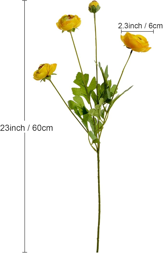 Artificial Silk Flowers Persian Buttercup Heavy Color Ranunculus Flower 5 Pcs,Suitable for core Decoration,Wedding Floral Creation,Flower Arrangement DIY Project,Interior Decor（Yellow）