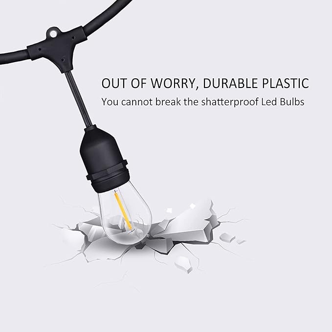 120 FT Outdoor String Lights LED Waterproof with 40 Shatterproof Plastic Warm Edison Bulbs String Bistro Lights for Patio Gazebo Pergola Market