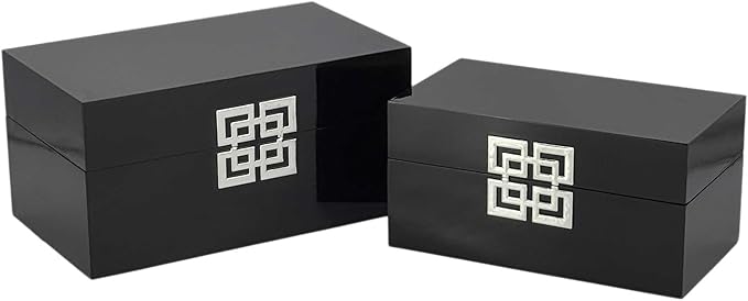 Galt International Storage Box Set Decorative Storage Box w/Hinged Lid Classic Design Wood Decor Boxes with Geometric Clasp Storage for Bedroom & Home - Set of 2 (Black & Silver)