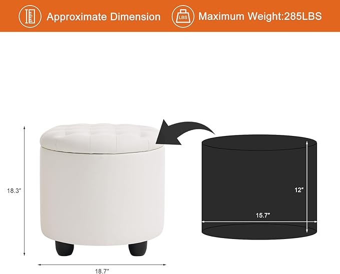 Furniliving Upholstered Button Tufted Round Ottoman, PU Storage Ottoman Round, Removable Lid Convenient Footstools, Classic Ottoman with Storage for Vanity, Nursery Room，IvoryWhite