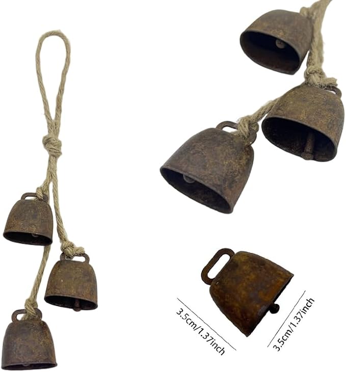 2pc Rustic Charm Bell - Handmade Hemp Rope Wind Chimes Hanging Decoration, Distressed Finish Cow Bell with Jute Hanging Rope, Perfect for Front Door, Outdoor, Window, and Home Decor,