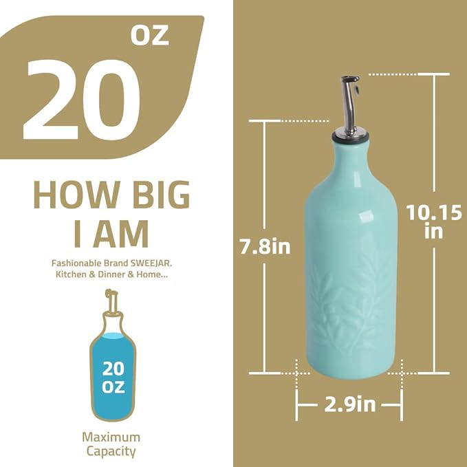 Sweejar Ceramic Olive Oil Dispenser Bottle, 20 Oz Relief Opaque Oil Cruet Protects Oil To Reduce Oxidation, Suitable for Storage Oil, Vinegar, Soy Sauce, Coffee Syrup, Liquids, Set of 1 (Black)
