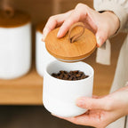 Ceramic Storage Jars, Modern Elegant Highly Polished Airtight Gorgeous Storage Canisters with Wooden Lid Small Food Stroage Jar for Kitchen Spice Tea Vanilla Sugar Coffee Beans (White trumpet)