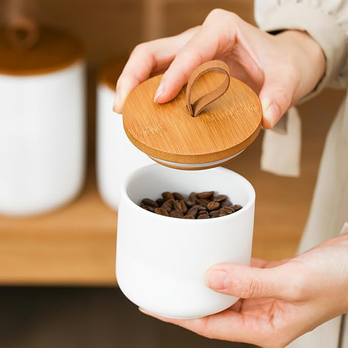 Ceramic Storage Jars, Modern Elegant Highly Polished Airtight Gorgeous Storage Canisters with Wooden Lid Small Food Stroage Jar for Kitchen Spice Tea Vanilla Sugar Coffee Beans (White trumpet)