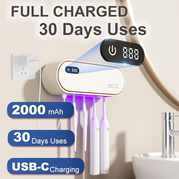 UV Toothbrush Sanitizer Holder for 4 | Wall Mounted Toothbrush Holder for Bathroom with Fan Drying | USB Rechargeable Toothbrush Cleaner & Sterilizer, No Drill Install, Modern Design (White)