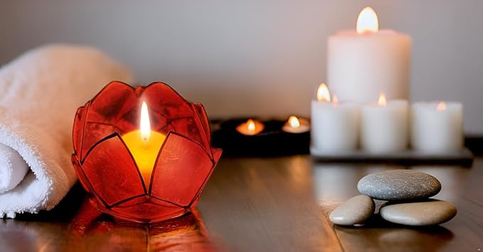 Blooming Lotus Capiz Shell Tealight Candle Holder, Handcrafted Decorative Tea Light Candleholder with Translucent Flower Petals for Ambient Illumination and Natural Elegance, Red