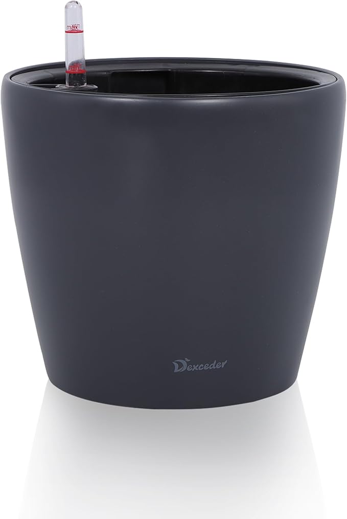 Dexceder 11x10 Inches Self Watering Planter Indoor Outdoor, Inner Pot Design, Thickened Table Flower Plant Pot with Water Level Indicator (Slate Gray Matte)