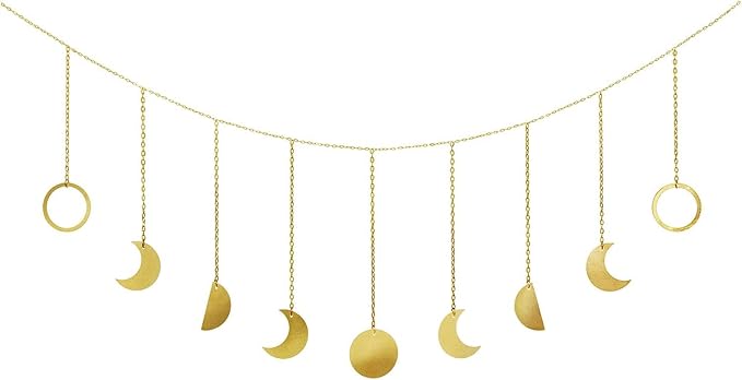 Mkono Moon Phase Wall Hanging Boho Aesthetic Room Decor Metal Moons Garland Hanging Art Bohemian Home Decoration for Girls Room Nursery Bedroom Livingroom Dorm, Ideal, Gold, 50"