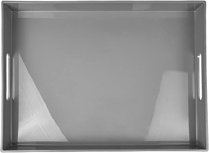 Grey Decorative Tray, Rectangular Large Serving Tray with Handles, Plastic Coffee Table Tray for Ottoman, Living Room, Kitchen Tabletop, 15.7” x 11.8” x1.6”