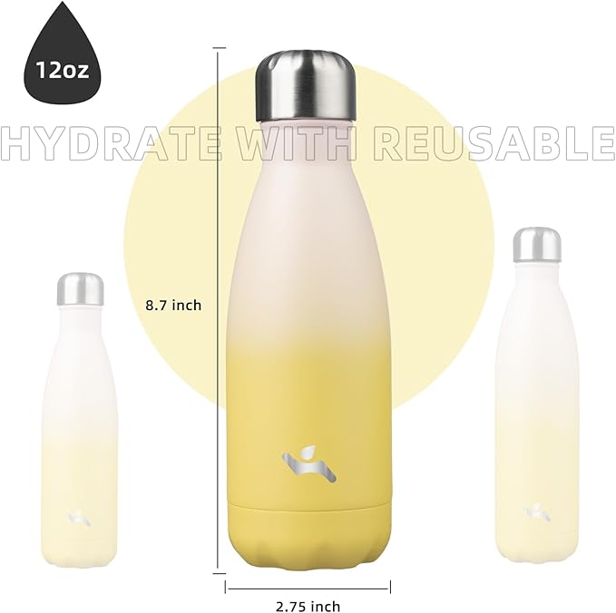 Insulated Water Bottles,12 oz Double Wall Stainless Steel Vacumm Metal Flask for Sports Travel,Lemon