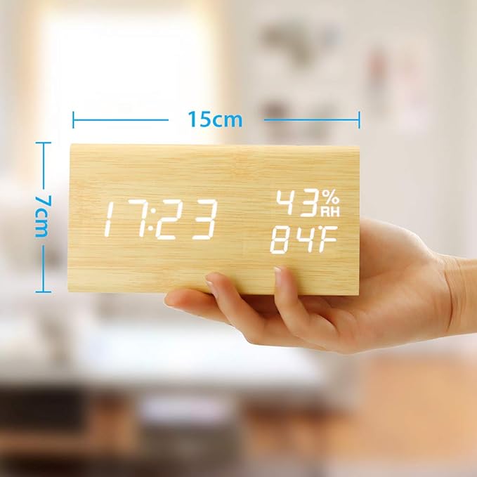 OCT17 Wooden Alarm Clock, Wood Alarm Clock Smart LED Digital Clock for Bedroom/desks, Upgraded with Time Temperature, Adjustable Brightness and Voice Control, Humidity Displaying - Bamboo