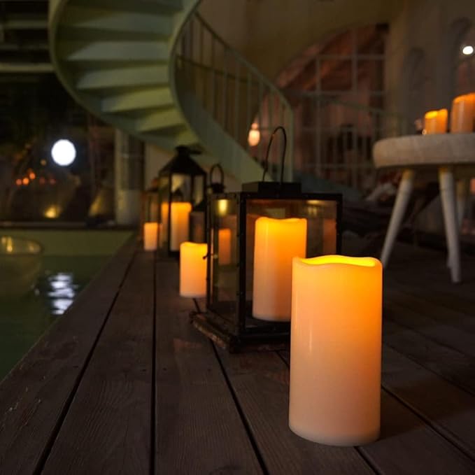 Homemory 4" x 8" Large Waterproof Outdoor Flameless Candles with Remote Control and Timer, Battery Operated Flickering LED Pillar Candles for Indoor Outdoor Lanterns, Porch, Long Lasting, Set of 4