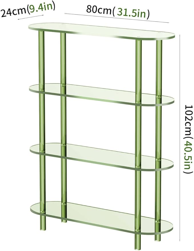 Clear Bookshelf, Acrylic Bookcase with Open Book Shelf Console Table for Entryway Office (4 Tier Green)