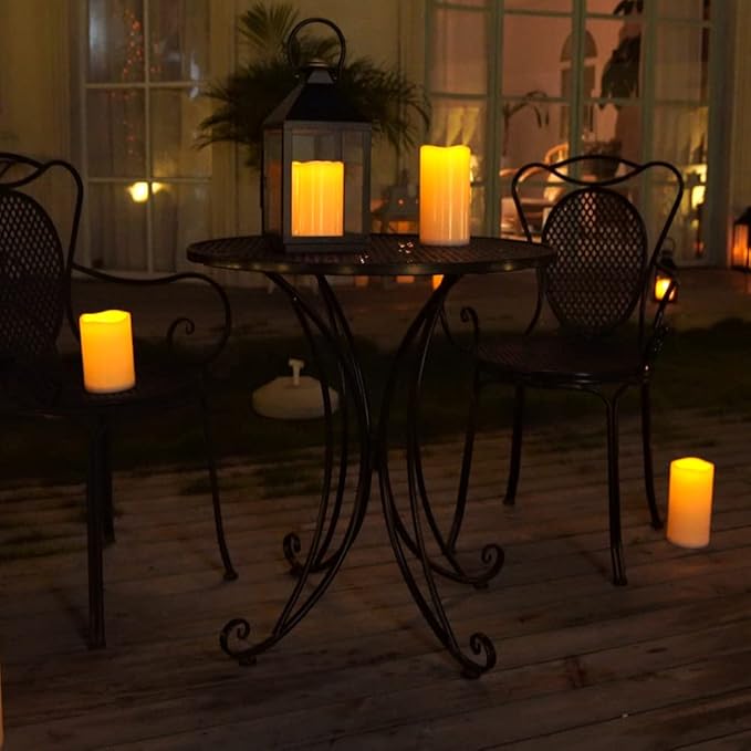 Homemory 4" x 8" Waterproof Outdoor Flameless Candles, Battery Operated Flickering LED Pillar Candles with Remote and Timers for Indoor Outdoor Lanterns, Long Lasting, Large, Dark Ivory, Set of 2
