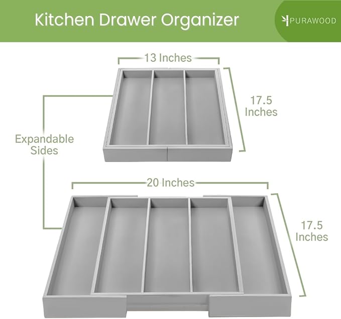Purawood Kitchen Drawer Organizer - Expandable Utensil Drawer Organizer for Kitchen, Cutlery Tray & Silverware Organizer, 3-5 Slots - Bamboo Organizer for Utensils & Flatware (Grey)