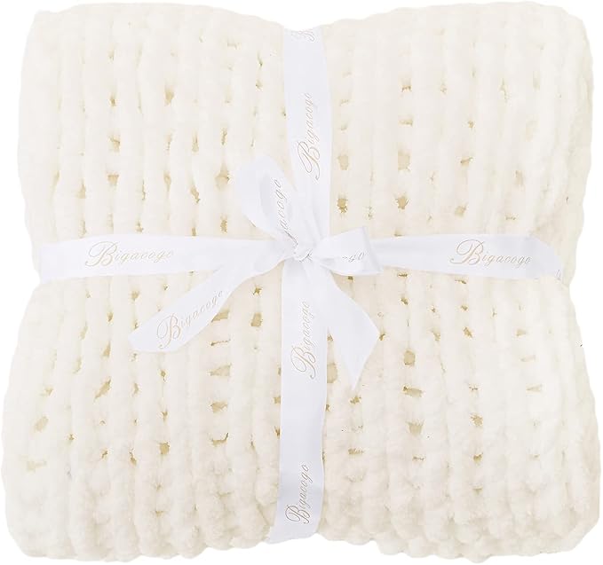 Bigacogo Chunky Knit Throw Blanket for Couch, 80x90 inches, 100% Hand Knitted with Thick Jumbo Chenille Yarn, Cozy Soft Large Rope Knot Cable Crochet Blankets for Sofa Bed Living Room, Ivory