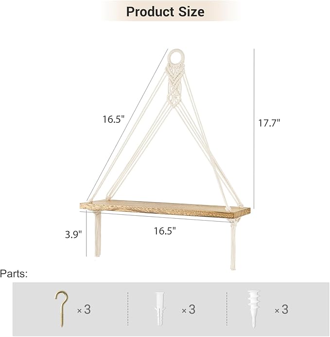 Mkono Macrame Hanging Shelves Boho Wall Decor Set of 3 Rustic Wood Floating Storage Shelf for Bedroom Bathroom Living Room Nursery Dorm Room, Display Shelving for Hanging Plants Photos