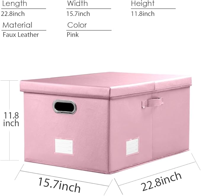 PRANDOM Collapsible Storage Box with Lid [3-Pack] Leather Fabric Foldable Storage Bin Organizer Container Basket Cube with Cover for Home Bedroom Closet Office Nursery Pink(22.8X15.7X11.8)