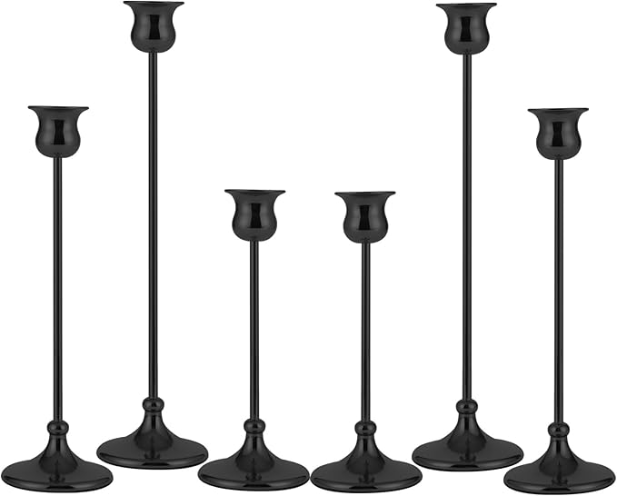 Taper Candle Holder Tall Vintage Metal Candlestick Holders Candle Stick Candelabra for Halloween Thanksgiving Christmas Holiday Wedding (Matt Black, 2 Sets (6 pcs))