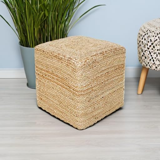 REDEARTH · Cube Pouf Foot Stool Ottoman - Jute Braided Pouffe Poof Accent Sitting Footrest for The Living Room, Bedroom, Nursery, Patio, Lounge & Other Rooms in The Home (14.5”x14.5”x16”; Natural)