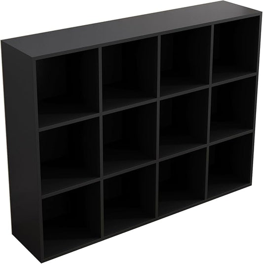 12-Cube Storage Shelf Bookcase - Wooden 3-Tier Floor Standing Open Bookshelf for Home and Office, Display Cabinet, Black