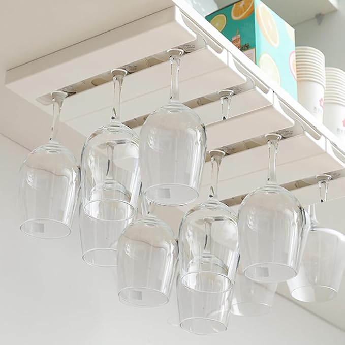 2 Pcs Wine Glass Holder Under Shelf or Cabinet Punch-free,Stemware Rack Glassware Drying Storage Hanger for Kitchen,Bar and Restaurant (White)