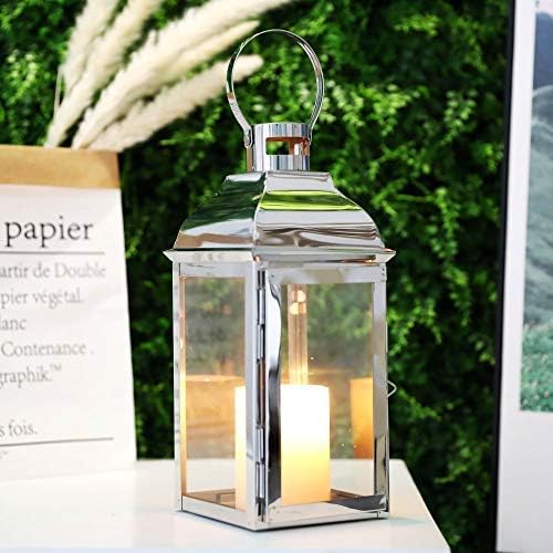 JHY DESIGN Silver Decorative Lanterns 12.5''High Stainless Steel Candle Lanterns with Tempered Glass for Indoor Outdoor Events Parities and Weddings Vintage Style Hanging Lamps