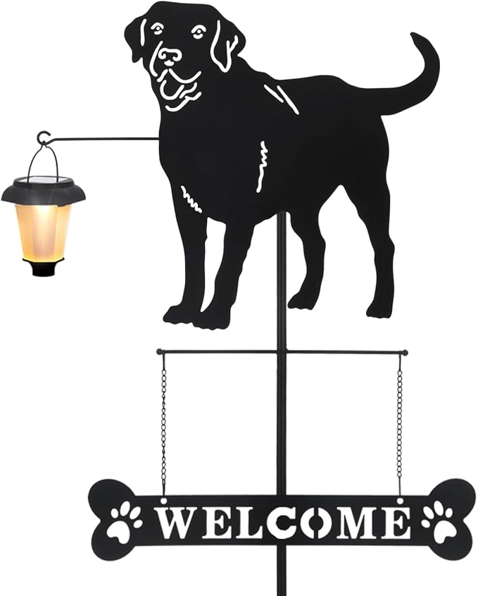 BAYN Solar Labrador Silhouette Dog Breed Welcome Sign with a Lantern Outdoor Decorative Garden Stakes for Yard, Lawn, Patio, Pathway
