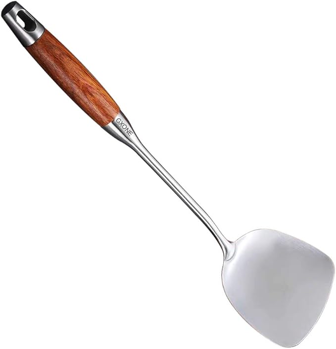 Chinese Wok Spatula, 304 Stainless Steel Spatula with Heat Resistant Wooden Handle Wok Utensils,Silver/15.7Inch