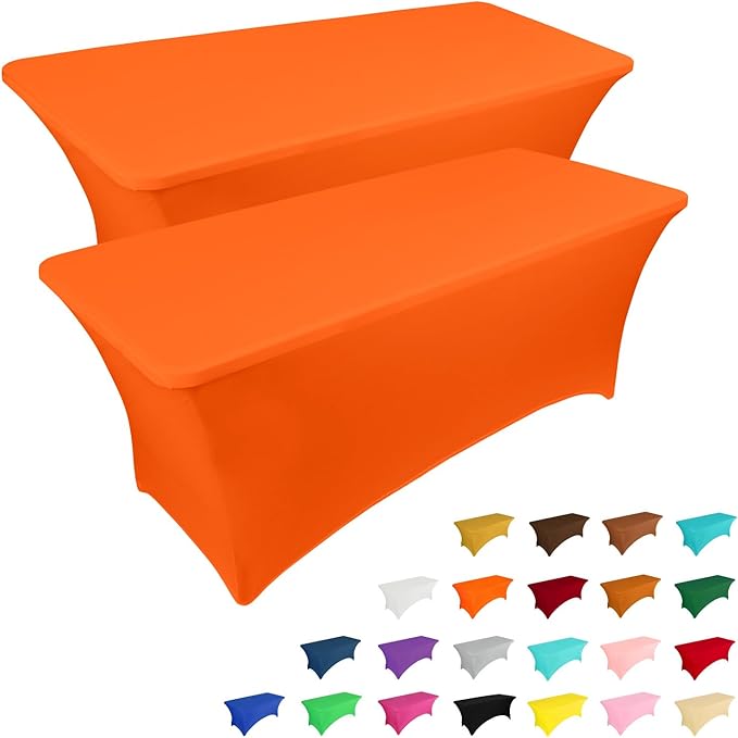 IVAPUPU 2 Pack 6FT Table Cloth for Rectangular Fitted Events Stretch Orange Table Covers Washable Spandex Tablecloth Protector for Party, Wedding, Cocktail, Banquet, Festival