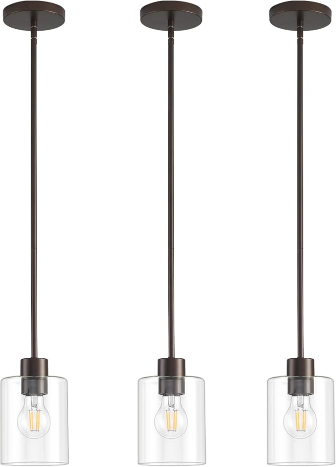 Oil Rubbed Bronze Pendant Lights Kitchen Island - Clear Glass Pendant Light Fixture Multiple Stems Rods 3 Units 12 Inch 3 Units 4 Inch (3 Pack Oil Rubbed Bronze Downrod)