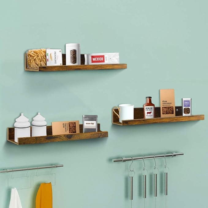 Giftgarden 16 Inch Floating Shelves for Wall Set of 3, Rustic Wall Mounted Picture Ledge Wooden Wall Shelf for Living Room Bedroom Kitchen Bathroom, 3 Different Sizes