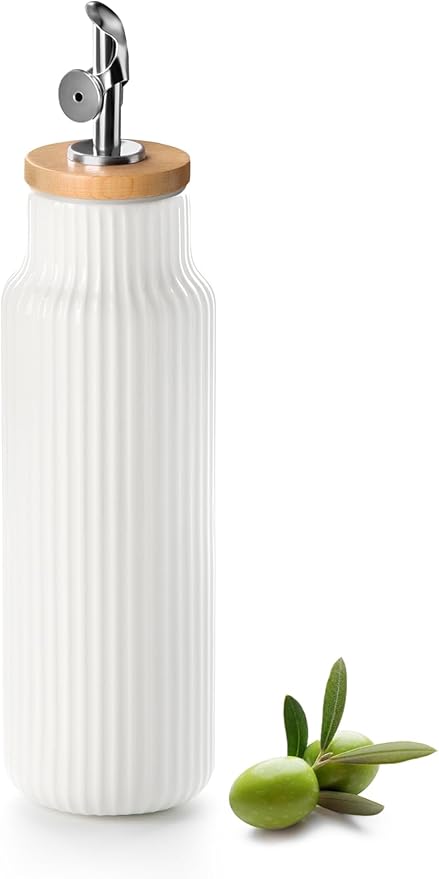 Nucookery Ceramic Olive Oil Dispenser Bottle for Kitchen, 14 oz Opaque Vinegar Dispenser Bottle, Large Capacity Cooking Oil Container for Storage Vinegar, Soy Sauce, Coffee Syrup, White