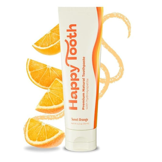 Happy Tooth Hydroxyapatite Toothpaste, Fluoride Free, Natural Whitening for Kids, Toddlers and Adults, SLS Free, Enamel Safe, Dentist Formulated with Clean Ingredients, Sweet Orange Flavor, 3.4oz
