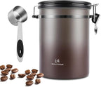 Coffee Canister Airtight Storage Container Stainless Steel Coffee Jar with Scoop,Date Tracker CO2 Release Valve for Dry Food Beans Ground Tea Flour Cereal and Sugar (1.8L Grey-Brown With Spoon)