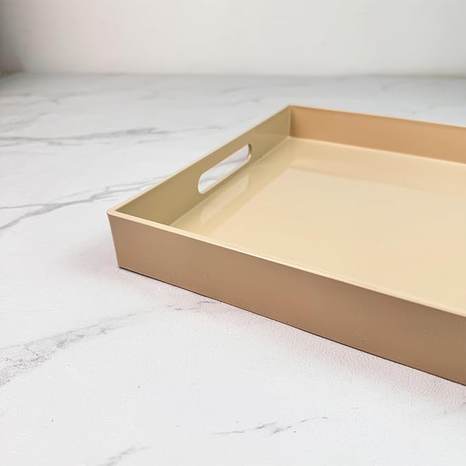 Beige Decorative Tray, Rectangular Large Serving Tray with Handles, Plastic Coffee Table Tray for Ottoman, Living Room, Kitchen Tabletop, 15.7” x 11.8” x1.6”