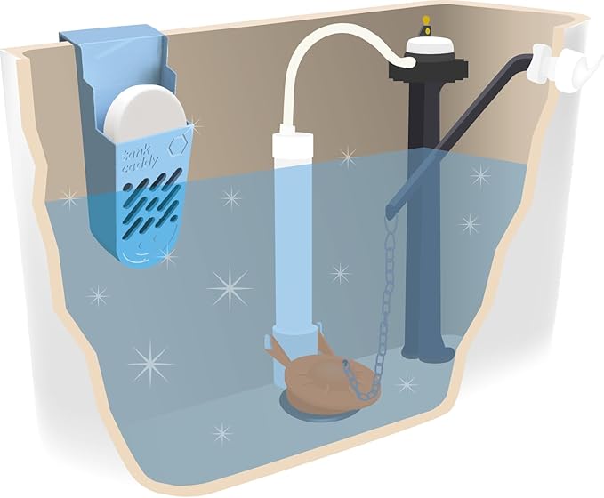 The Tank Caddy is a carrier that hangs inside your toilet tank, while trapping the soot that remains as blue and bleach tablets dissolve.