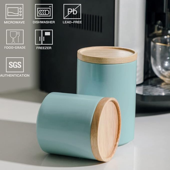 Sweejar Kitchen Canisters Ceramic Food Storage Jar, Stackable Containers with Airtight Seal Wooden Lid for Serving Ground Coffee, Tea, Sugar, Salt and More - 16 Fl Oz (Dark Turquoise)