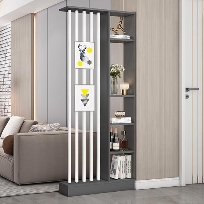 Wall Room Divider, Storage Cabinet Storage Display with Shelves, Modern Freestanding Wood Room Divider Screen, Wall Privacy Screens for Home Decorative (Grey+White,31.5" L x 9.5" W x 79.5" H)