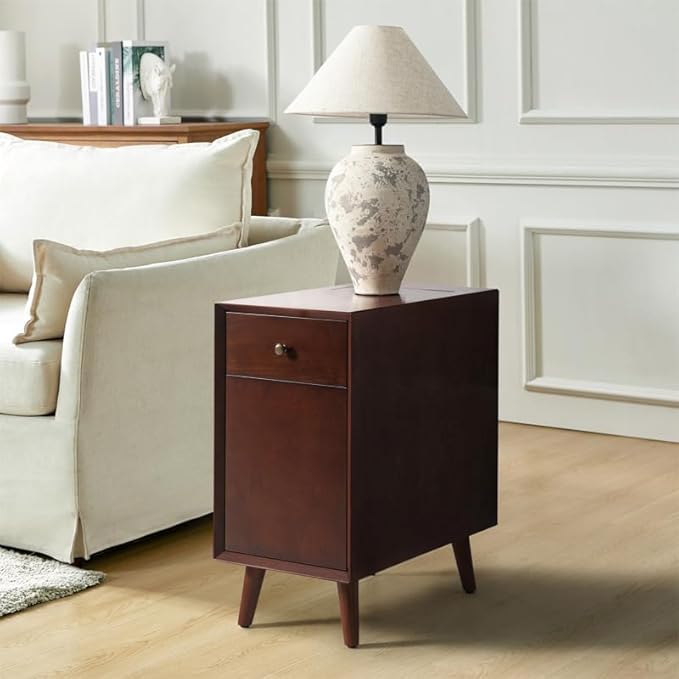 HULALA HOME End Table with Drawer and Charging Station, Modern End Table with USB Ports and Outlets, Wooden Side Table with Storage-Walnut