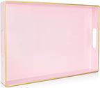 Large Pink Rectangular Decorative Tray – Plastic Serving Tray with Handles for Coffee Table, Ottoman, Living Room, 15.7” x 11.8” x 1.6