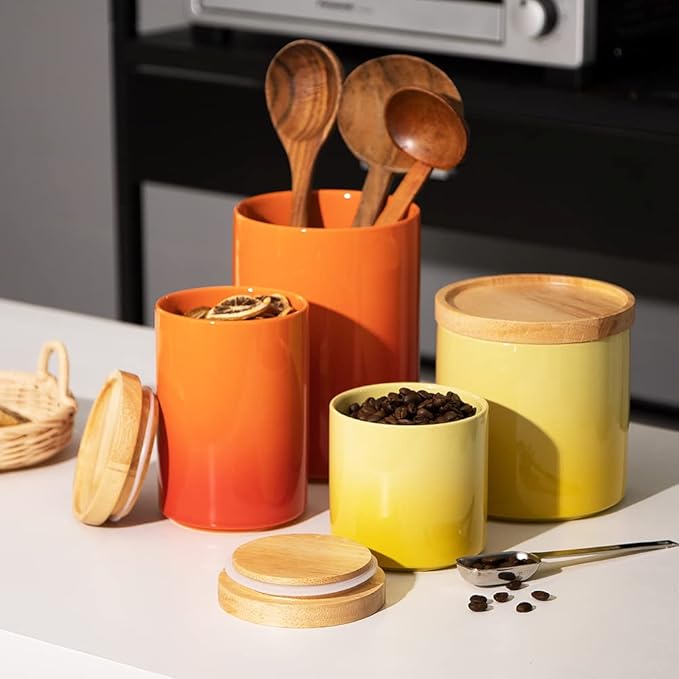 Sweejar Ceramic Food Storage Jar, Stackable Kitchen Canisters, Containers with Airtight Seal Wooden Lid for Serving Ground Coffee, Tea, Sugar, Salt and More - 16 Fl Oz (Gradient Orange)