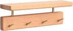 Shelf with Hooks, Solid Wood Bedroom Shelves for Wall, Wooden Coat Rack Wall Mount for Bathroom, Kitchen, Door Entryway (Beech, 30cm/11.81inch)