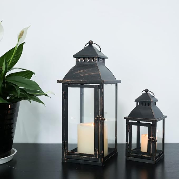 NEEDOMO Lanterns Decorative Outdoor&Indoor, Set of 2 Large Bronze Metal Lantern Decor with Glass, Candle Holder for Porch, Patio, Garden, Balcony, Wedding, Table Centerpiece Decorations