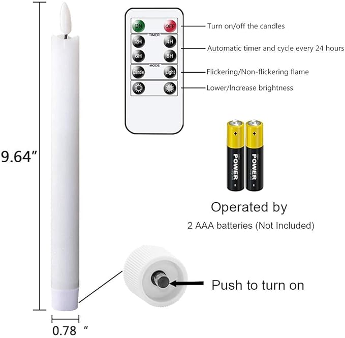 GenSwin Flameless Flickering Taper Candles with 2 Remote Controls and Timer, Real Wax 3D Wick Light Window Candles Battery Operated Pack of 8, Christmas Home Wedding Decor(White, 0.78 X 9.64 Inch)