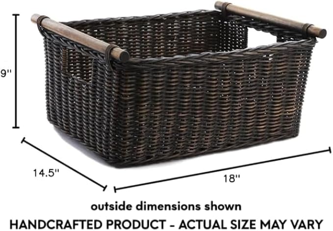 The Basket Lady Pole Handle Wicker Storage Basket, Large, 18 in L x 14.5 in W x 9 in H, Antique Walnut Brown
