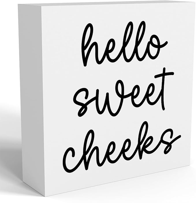 Hello Sweet Cheeks Bathroom Decor, Funny Bathroom Signs Decoration, Black and White Bathroom Decoration, Bathrooms Decor for Shelves, Wooden Box Decoration Sign for Home Farmhouse Living Room Table